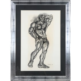 Signed Sibberns, Graphite Drawing Male Body Builder, Framed