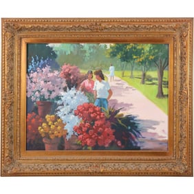 Fine 20th C. Oil on Canvas Painting Woman Walking in a Flower Garden Park, Framed