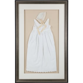 Victorian White Infant's Dress with Crochet Bonnet Mounted in a Shadow Box Display Frame