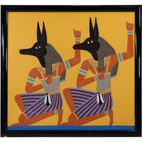 Anubis, Egyptian God of the Afterlife, Linen Collage Artwork, Colorful, Framed