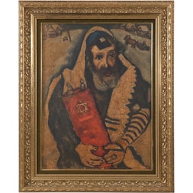 Vintage Mark Chagall Rabbi with Torah Lithograph on Canvas with Crackle Finish, Framed