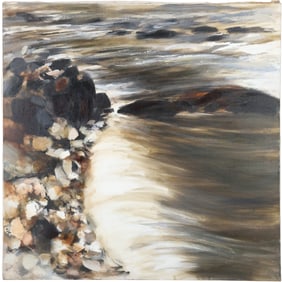 Dreamscape Ocean Crashing Against Rocks "Pebble Beach" Large Oil on Canvas Painting