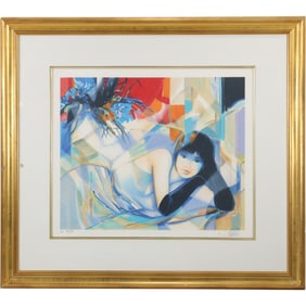 Framed Lithograph ``La Coquette'', Signed by the Artist Jean Baptiste Valadie, Numbered 90 / 195
