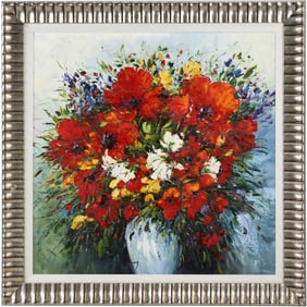 Signed Ley, Fabuous Oil on Canvas Painting Still Life Red Flowers in Vase, Framed