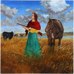 Signed D Hoffrichter, Oil on Canvas Painting Young Woman Holding Rifle in Field of Animals