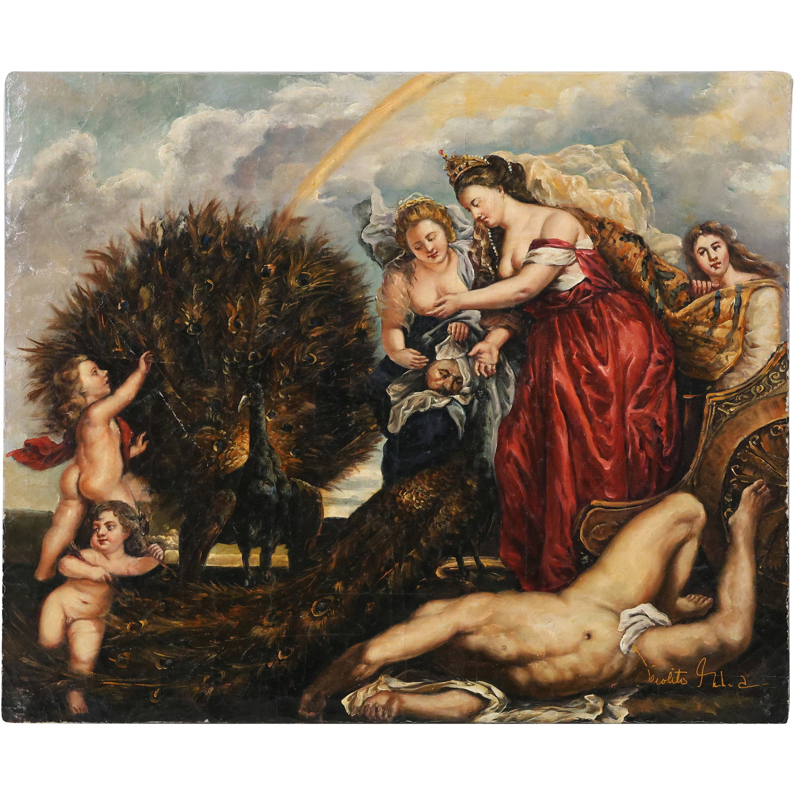 after Peter Paul Rubens, "Juno and Argus" 20th C. Oil on Canvas Painting signed Aerolito Richard. (1 of 16)
