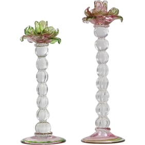 2 Vintage Venetian Blown Glass Floriform Candlesticks with Green Pink Flower Form 13.75 in. & 11.75