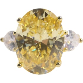 .925 Sterling Silver Yellow Tourmaline with 2 Hearts and CZ Ring Size 7 , 7/8 in. x 3/4 in.