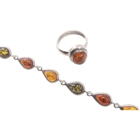[2] .925 Sterling Amber Ring Size 9; .925 Sterling Tri-Color Amber Bracelet 7 in. x 1/4 in.