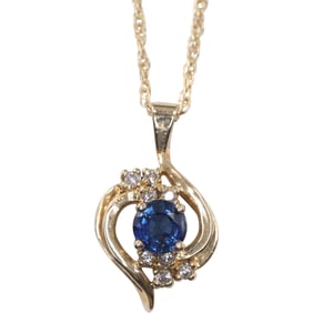 14K Gold Blue Sapphire and Diamonds Pendant Necklace on 14K Gold 17 inch Chain