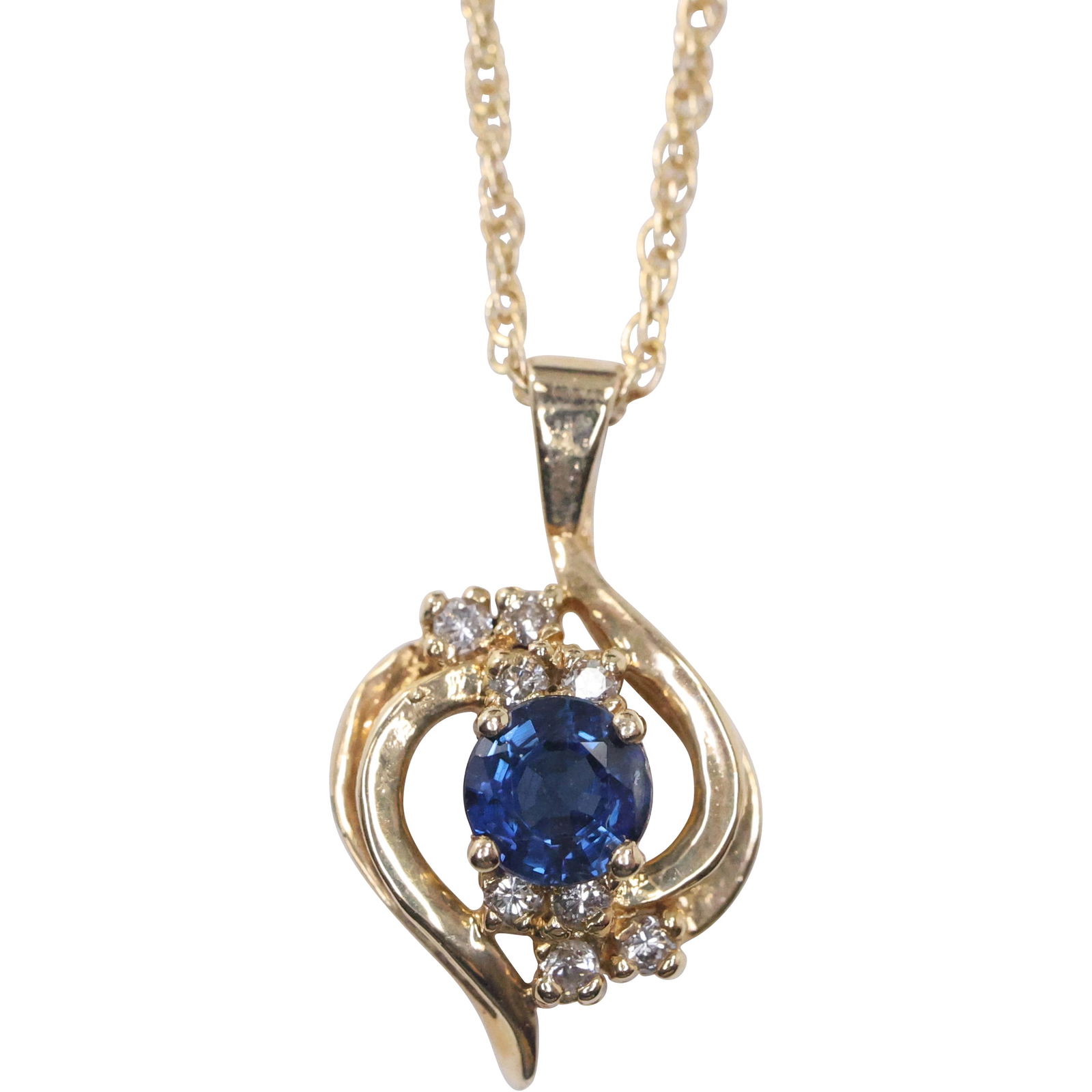 14K Gold Blue Sapphire and Diamonds Pendant Necklace on 14K Gold 17 inch Chain: 14K Gold Blue Sapphire and Diamonds Pendant 5/8 in. x 3/8 in. Necklace on 14K Gold 17 inch Chain