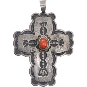 Sterling Silver DON LUCAS Red Turquoise Cross Pendant 2 1/4 in. x 1 5/8 in.