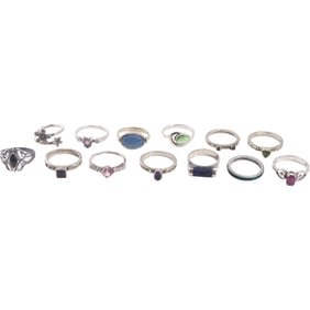 13 Assorted .925 Sterling Silver RINGS: Sterling with Green Stones Ring Size 7; .925 with CZ