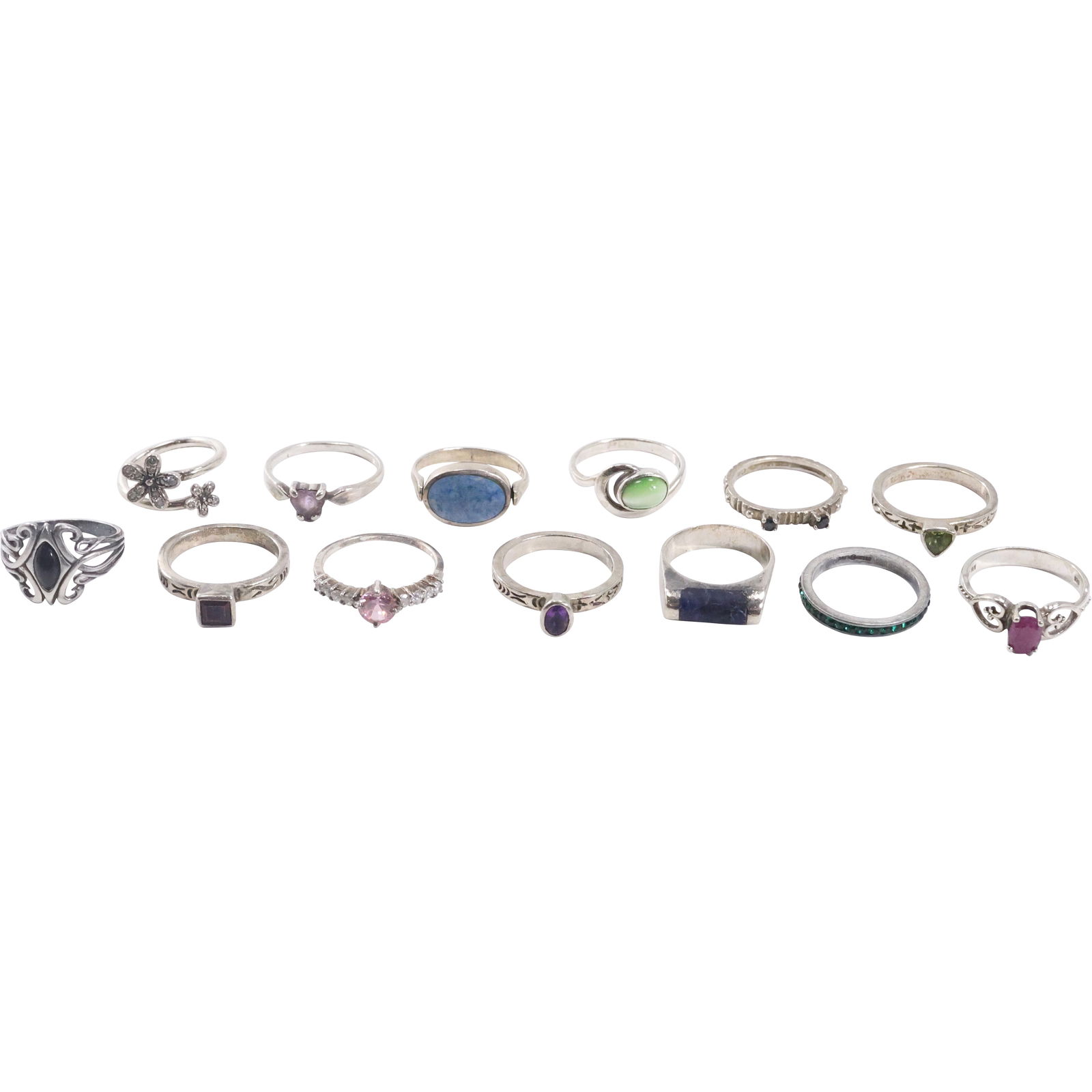 13 Assorted .925 Sterling Silver RINGS: Sterling with Green Stones Ring Size 7; .925 with CZ (1 of 19)