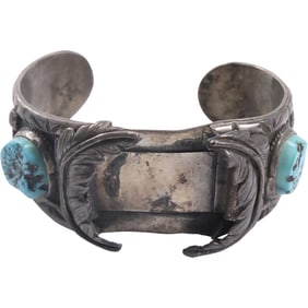 Native American Indian 1954 Tommy Yellow Feather Watch Cuff Bracelet Sterling Silver with Turquoise