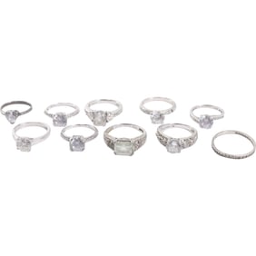 10 Assorted Sterling Silver and CZ Engagement Rings: CZ 925 size 7; BBK 925 size 7; 925 Heart