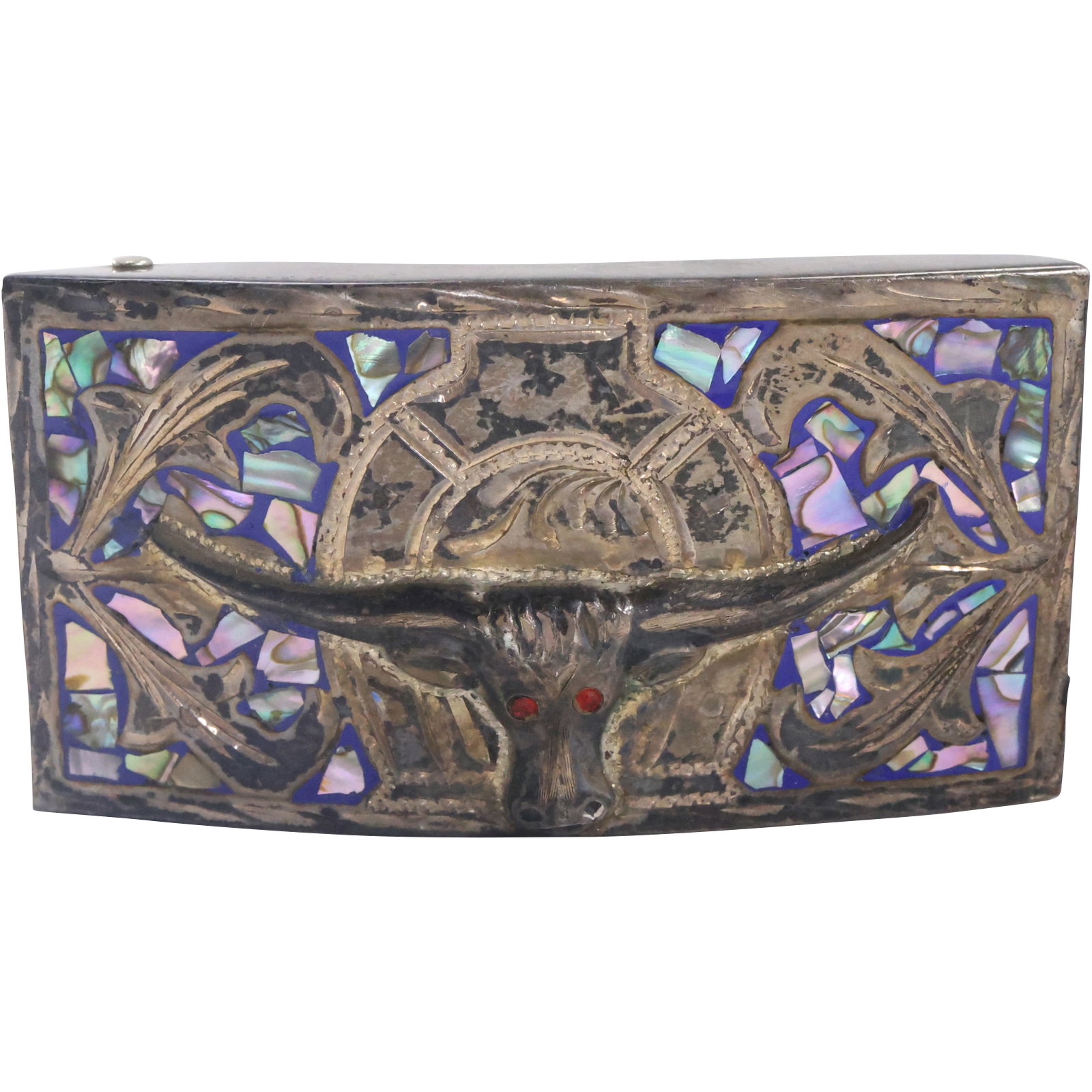 Jalisco Plata DR .925 Sterling Silver with Abalone Steer Belt Buckle 3 in. x 1 5/8 in. V.H.L.C.: Jalisco Plata DR .925 Sterling Silver with Abalone Steer Belt Buckle 3 in. x 1 5/8 in. V.H.L.C. GUARD Mex.