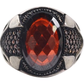 .925 Sterling Silver Fancy with Red Faceted Stone Men's Ring Size 9.75. size: 1 in. x 3/4 in.