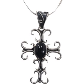 Sterling Silver Black Onyx Cross Pendant Necklace on .925 Sterling Herringbone 18 in. Chain