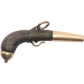 14K GOLD 18th C. Powder Gun Pendant , body is leather, 1 3/8 in. x 3/8 in.