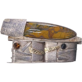 Sterling Silver Mid-Century Modern Art Pin / Pendant and 14K Gold Applied Strip 3 1/4 in. x 1 3/4 in