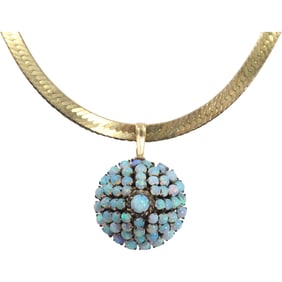 10K Gold Opal Pendant Necklace on .925 Italy Vermeil Herringbone Chain 18 in. length, 3.6 dwt