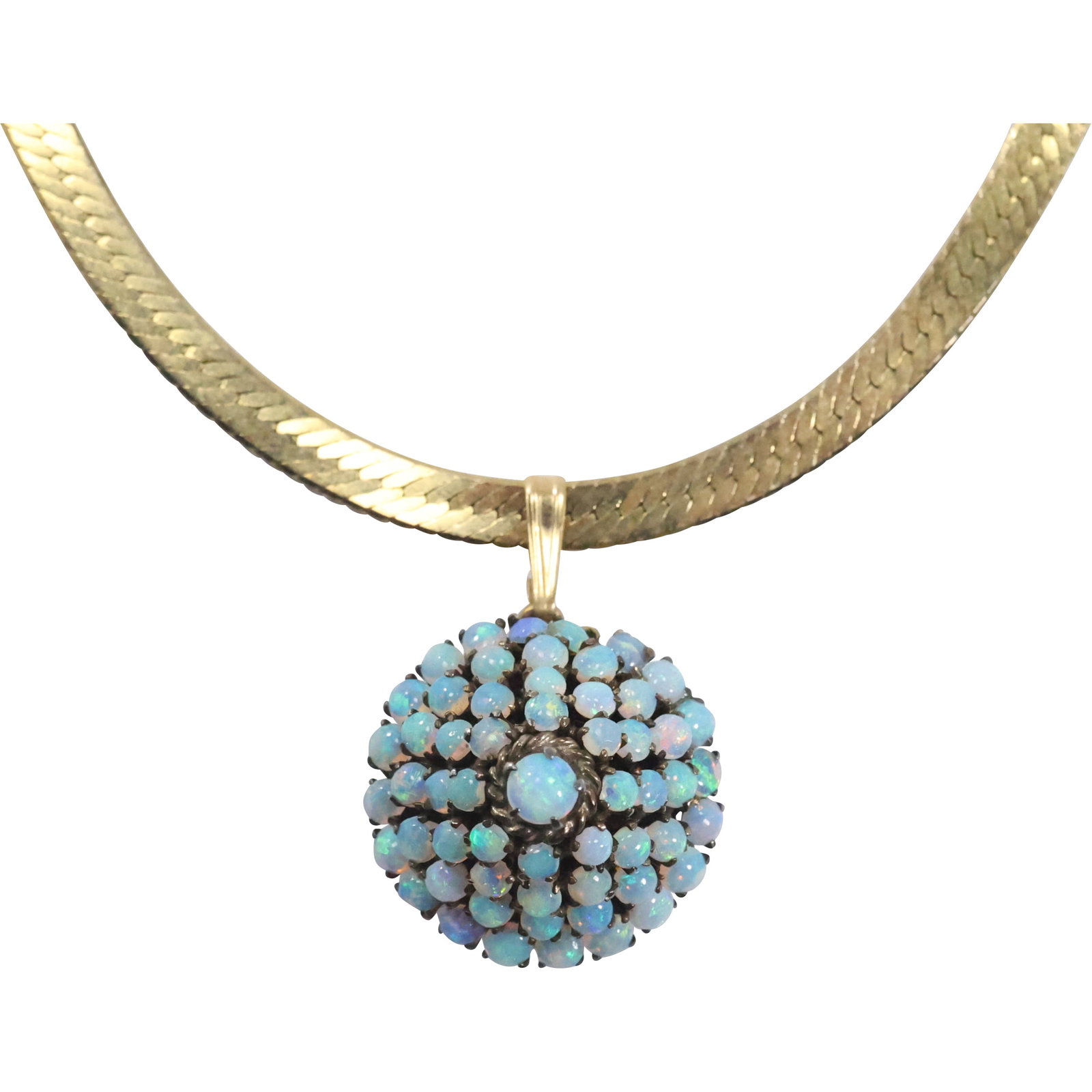 10K Gold Opal Pendant Necklace on .925 Italy Vermeil Herringbone Chain 18 in. length, 3.6 dwt: 10K Gold Opal Pendant 1 in. diameter, Necklace on .925 Italy Vermeil Herringbone Chain 18 in. length, 3.6 dwt