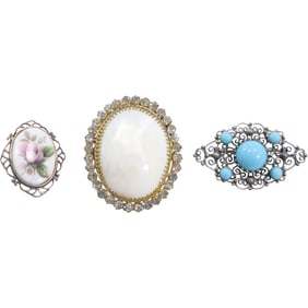 [3] Mother of Pearl with Rhinestones Pin; JES  925 Floral Porcelain Pin; Sterling Danecraft with