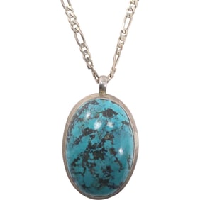 Sterling Silver with Large Turquoise Stone Pendant Necklace on 20 inch Cuban Chain, 78.4 grams total