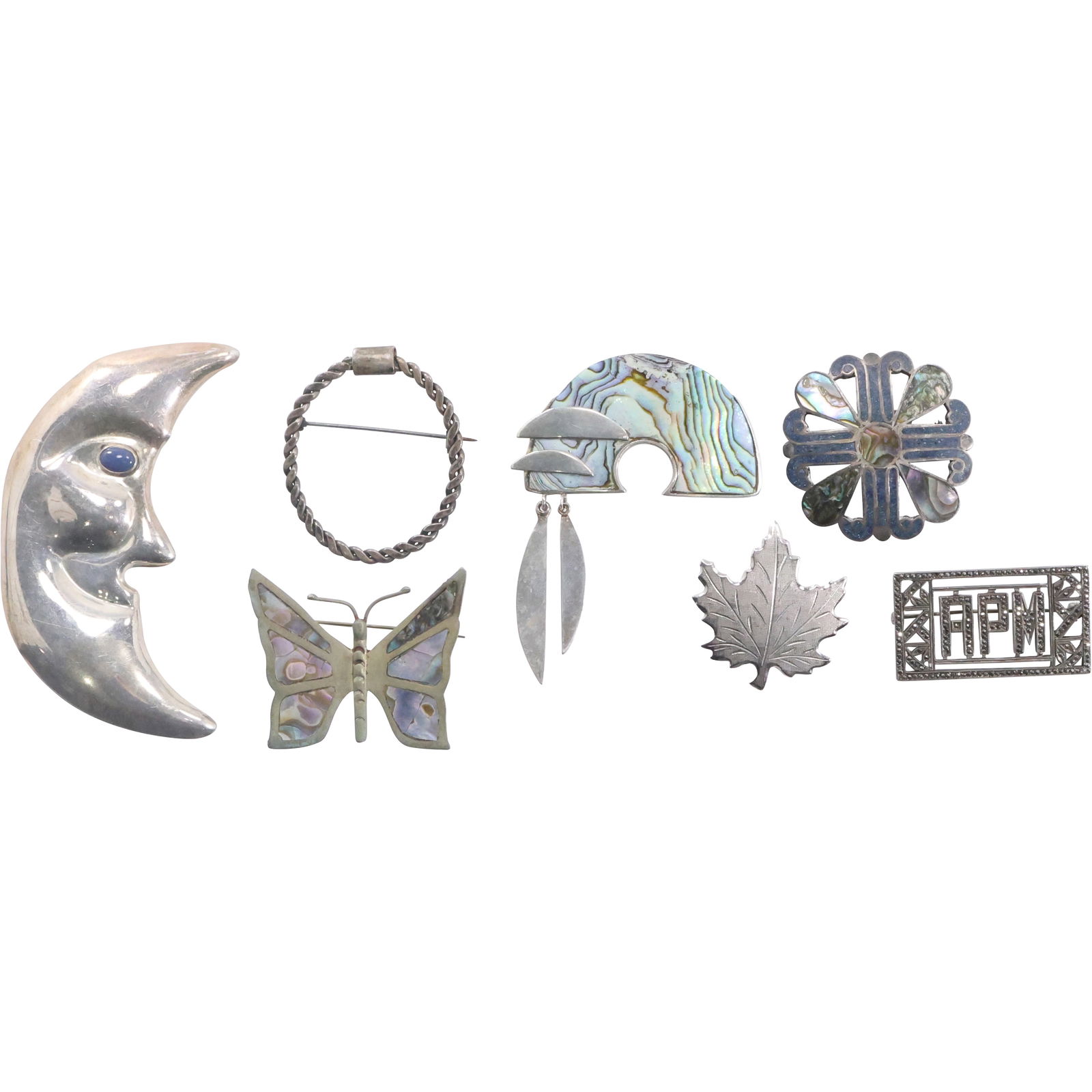 7 Assorted Sterling Silver Pins: Sterling Braid Pin; .925 Garcia Mexico with Abalone Pin / Pendant; (1 of 20)