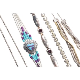 5 Assorted Sterling Silver Bracelets: CZ Tennis Bracelet; .925 with Red Stones; .925 3-Strand