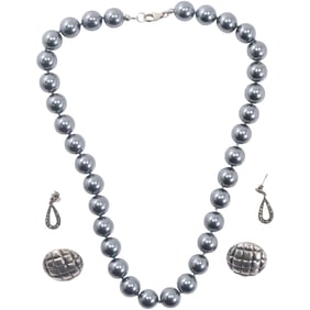 .925 Sterling Clasp Faux Silver Pearl Necklace 18 in. ; .925 Sterling Button Pierced Earrings 1 in.