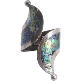 .925 Sterling Silver with Abalone Mexico Large Cuff Bracelet 49.4 grams total weight, 2.5 in. x 5 in