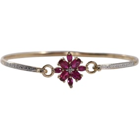 .925 Sterling Silver Bangle Bracelet with Ruby Flower Petals and Diamond Center 2 5/8 in. x 2 1/4 in
