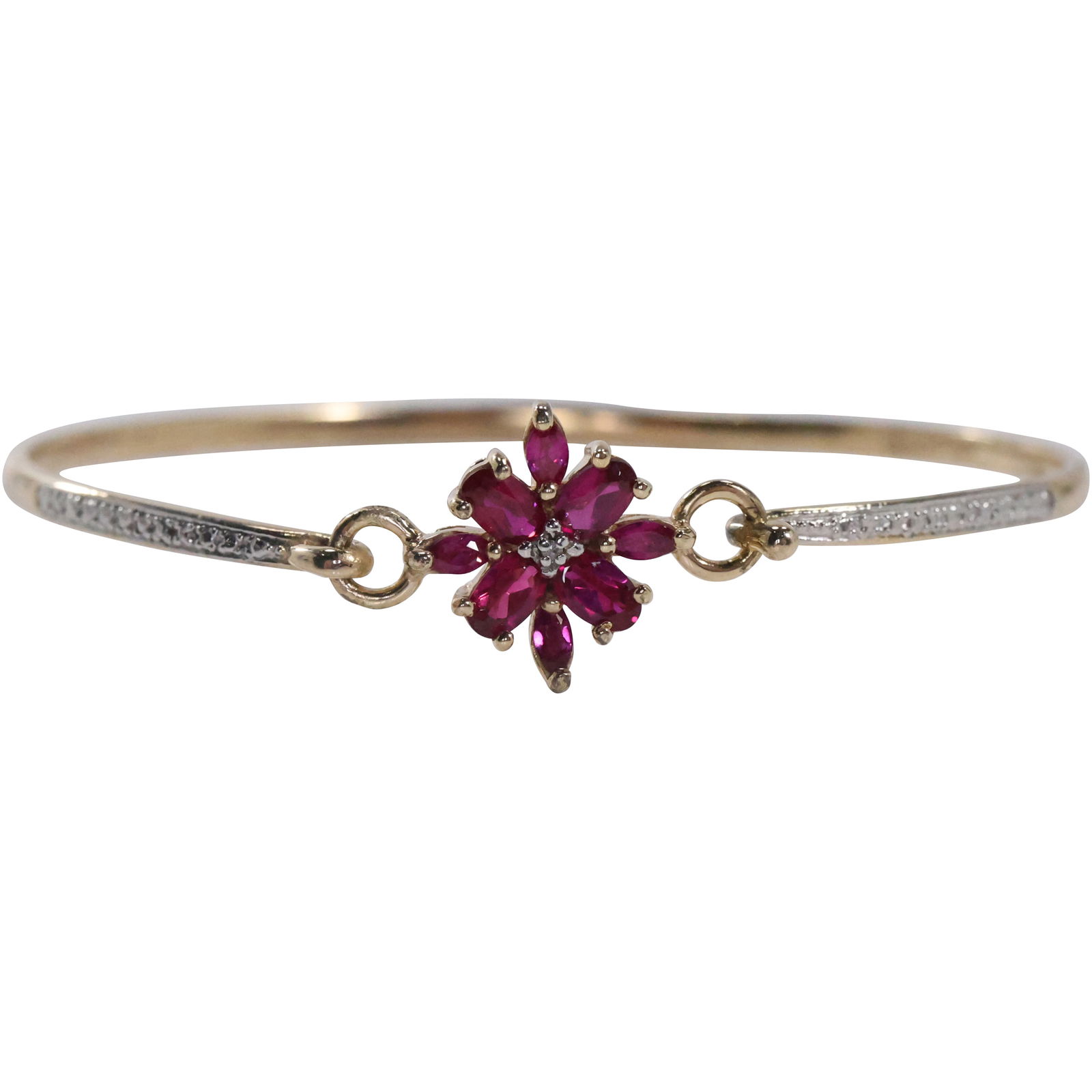 .925 Sterling Silver Bangle Bracelet with Ruby Flower Petals and Diamond Center 2 5/8 in. x 2 1/4 in (1 of 16)