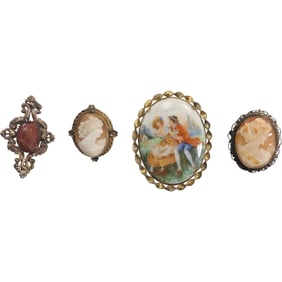 [4] Athena Cameo Pin / Pendant 1 5/8 in. x 1 1/4 in.; Knight Cameo 2 in. x 1 1/2 in.; Porcelain