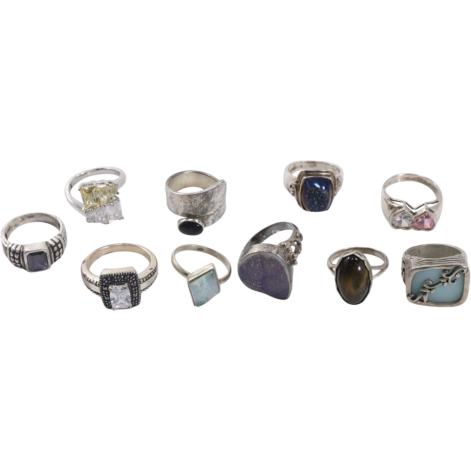 10 Assorted .925 Sterling Silver RINGS: .925 with CZ Ring size 9; .925 with Heart, CZ Ring size 8; (1 of 20)