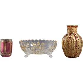 3 Assorted Victorian MOSER Glass: Red Vase with All Over Gold Gilt Decoration, Footed Bowl