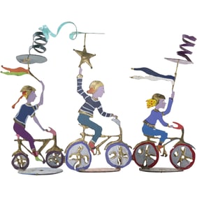 Metal Whimsical Sculpture of Three Girls on Bicycles 12.25 in. height x 15.5 in. length