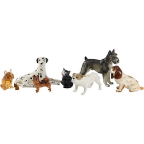 7 Dogs and 1 Cat Figurines in Porcelain and Glass, Westmoreland, Various English Porcelain makers