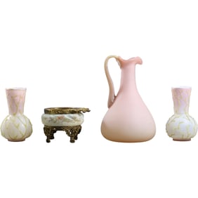 2 Mt. Washington Glass Vases, Wavecrest Round Dish, Burmese Glass Pitcher