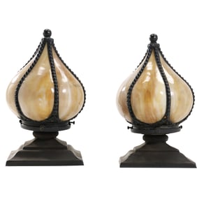2 Slag Glass Tulip Light Fixtires, Blown Out Panels, one missing a panel, Original Hardware