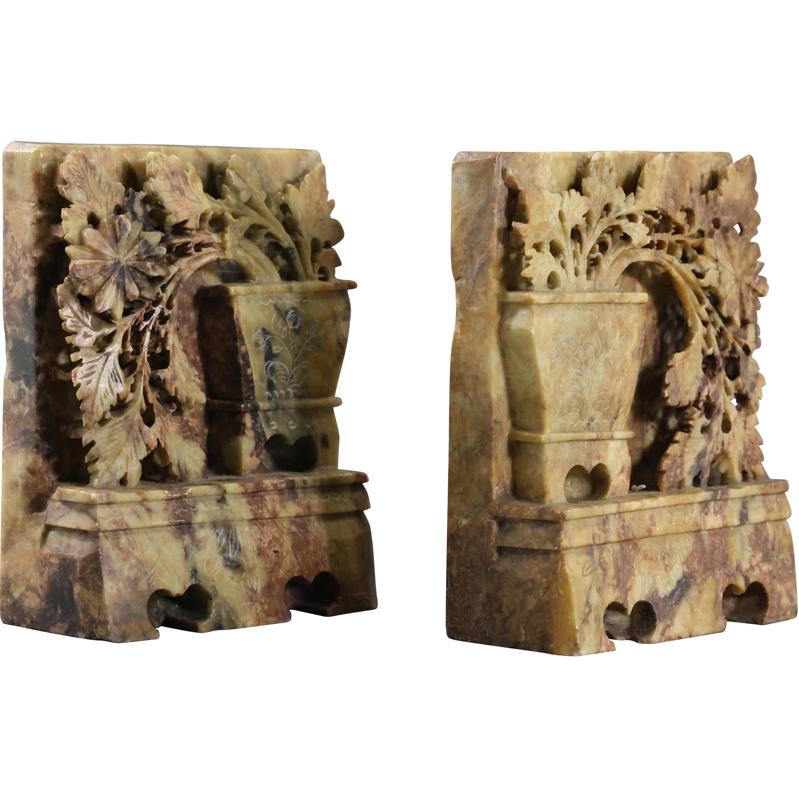 Antique Chinese Soapstone Bookends Intricately Carved Flowers and Urn 5 in. x 4 in.: Antique Chinese Soapstone Bookends Intricately Carved Flowers and Urn 5 in. x 4 in. size: 5 h 4 w