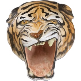 Vintage Terra Cotta Snarling Tiger Head Italy Glazed Wall Mount Plaque 4.5 in. x 6 in.