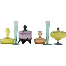 6 Assorted Colored Glass: 2 Glass Powder Boxes with Perfumer Tops, 2 Covered Dresser Boxes,