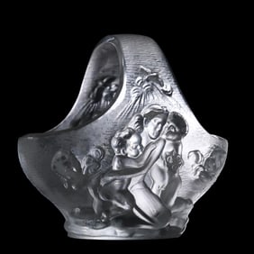 Rene Lalique France, Mother And Child Satin Crystal Glass Basket 5.5 in. height x 5.75 in. wide