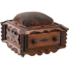 1800s Folk Art Wood Box Base Pin Cushion  4.5 in. height x 6.5 in. wide