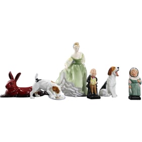 6 Assorted ROYAL DOULTON Fine Porcelain Figurines including Dogs, Rabbit, Character Figures