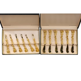 Vintage 24K Gold Plated Cocktail Forks Set of 6,  Janis Collection, 24kt GP Knife Spreaders Set 6