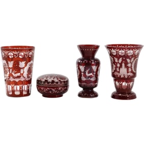 4 Assorted 1800's Bohemian Ruby Red Cut to Clear Design [3] Vases and [1] Powder Box